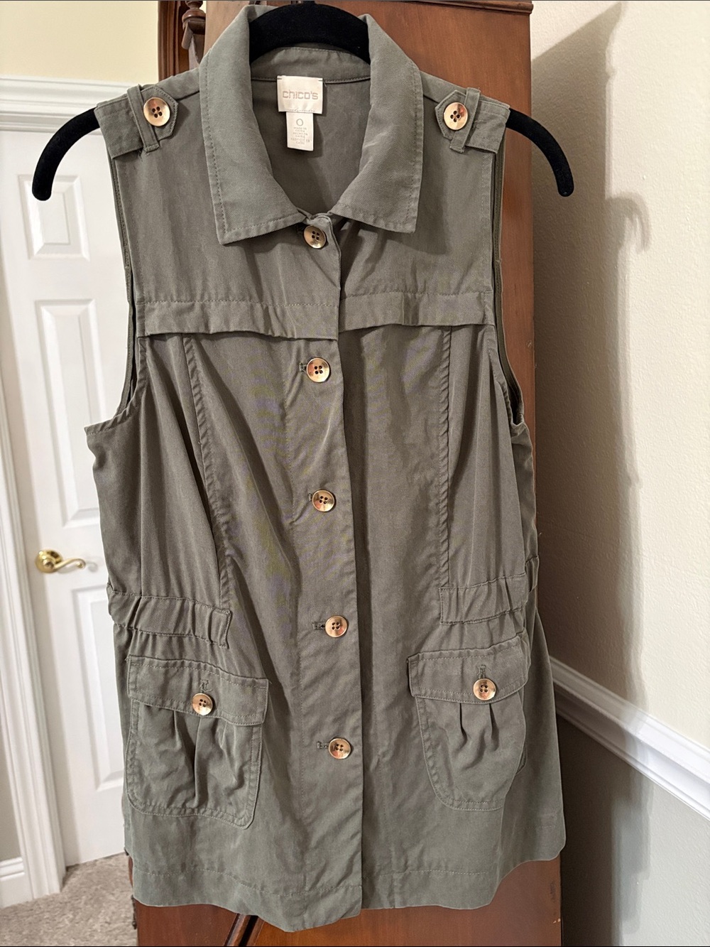 Chico's Soft Olive Utility Military Cargo Goldtone Button-Front Vest BOHO Casual